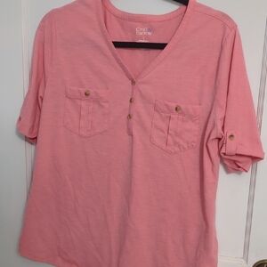 Croft & Barrow Sz L Pink Short Sleeve Henley V-Neck Top